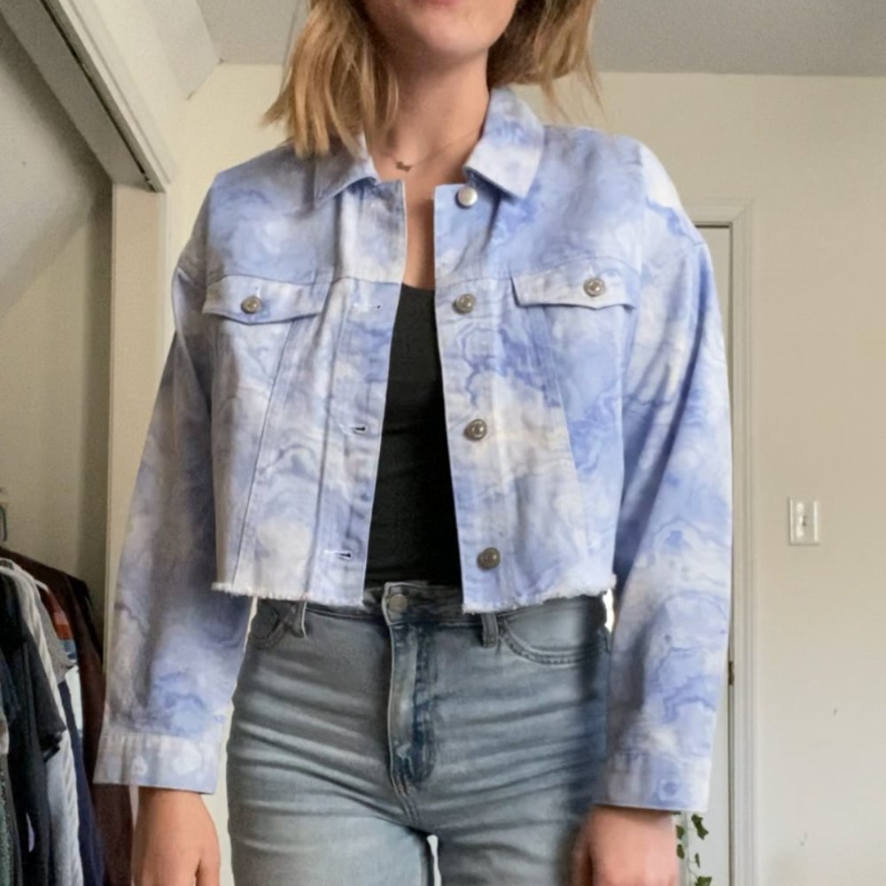 Cropped Jean Jacket - Blue Water Marble